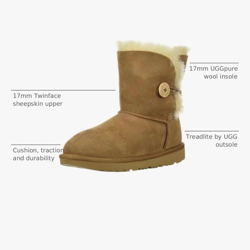 UGG Unisex-Child T Bailey Button II Tan Sheepskin Boots Wool Trim Girl’s Size 6 - Picture 12 of 12